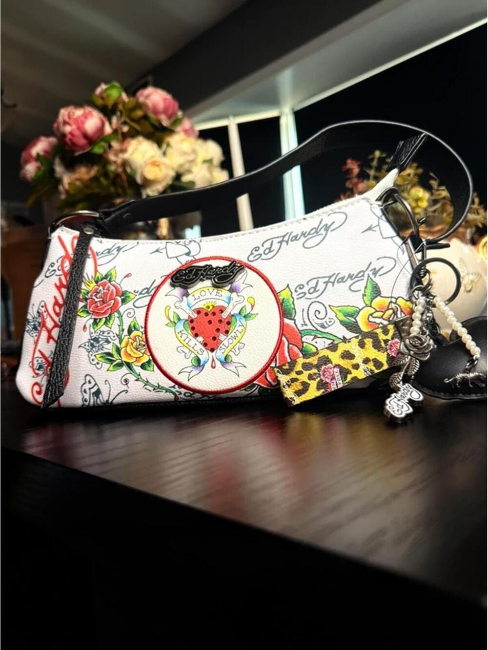 Ed Hardy Love Kills Slowly Shoulder Bag White Y2K Tattoo Rose Heart Purse NWT